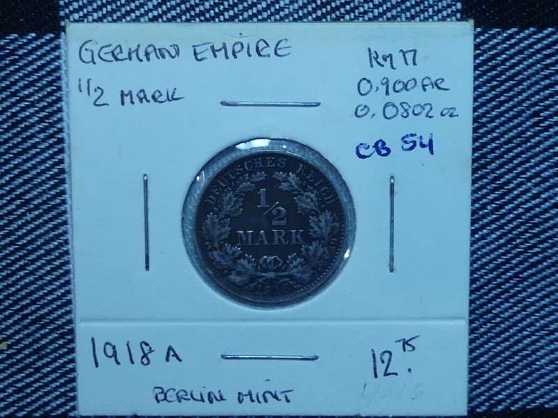 CB54: GERMAN Empire, 1/2 Mark, 1918 A, eagle, 0.900 silver,0.0802 oz