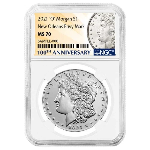 2021 $1 Morgan Silver Dollar "O" Privy Mark NGC MS70 100th Anni. Label