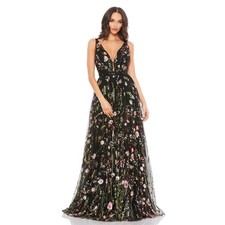 Mac Duggal 12282 Black Floral Embroidered Tulle V-Neck Gown 4 NWT
