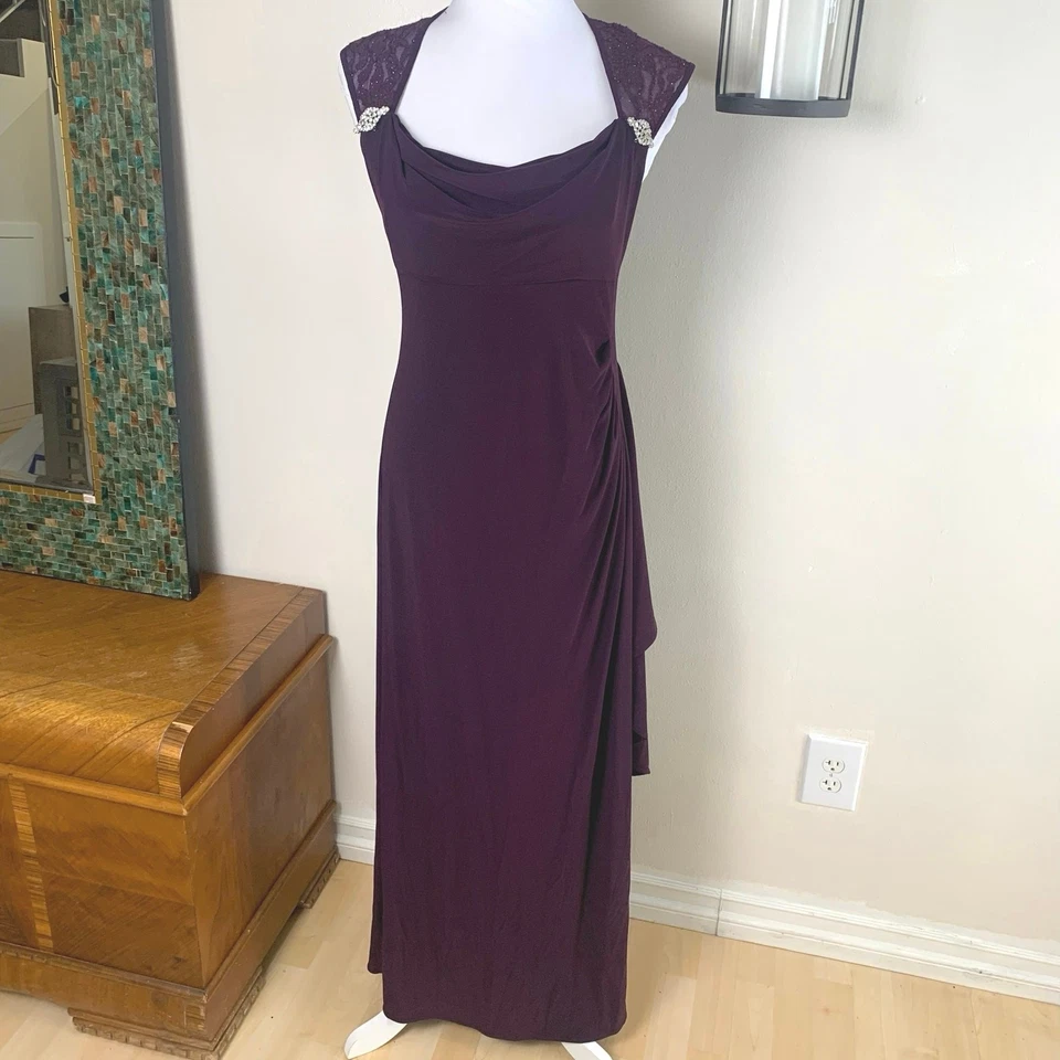 R&M Richards Petite Sz 10P Ruched Bum Long Dress Rhinestone Plum Wine Cocktail  - Image 2 of 4