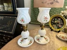 Pair Vtg Hobnail Milk Glass Hurricane Lamps Victorian Fuchsia Blossoms 12.5”