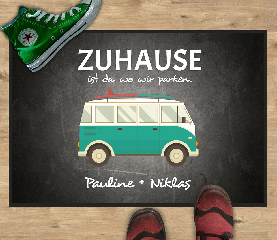 Fußmatte mit Name Bus Camper Retro Camping Wohnmobil Einzug Richtfest Türkis - Bild 2 von 3