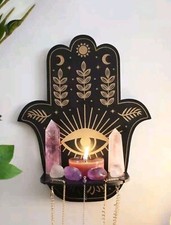 Wall Mounted Black/Gold Small Wooden Shelf For Crystals And Candles Hamsa Hand