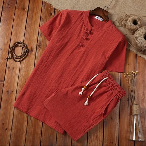 Mens Shorts Cotton Linen Summer Outfit 2-Piece Set Short Sleeve T Shirts and - Bild 10 von 14