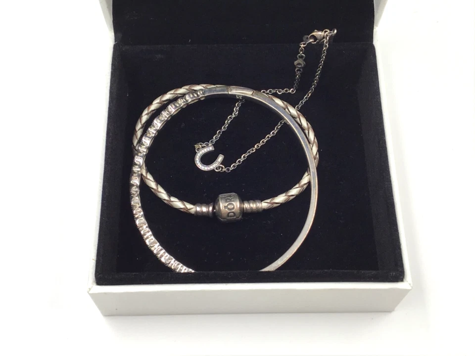 Pandora 925 Lot of 3 Bracelets Horseshoe Chain Pave Hinged Bangle Silver Leather - Image 3 of 4