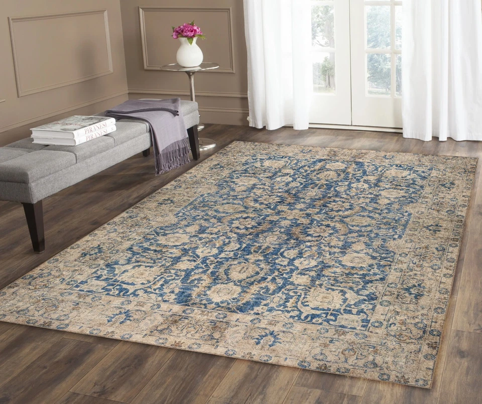 Kilimway Blue Area Rug, Pastel Vintage Oushak Blue Beige Floral Rug Washable - Image 3 of 4