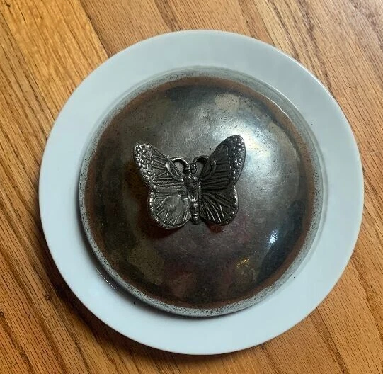 ARTE ITALICA- Ceramic & Pewter covered dish/butter dish w Butterfly lid RARE
