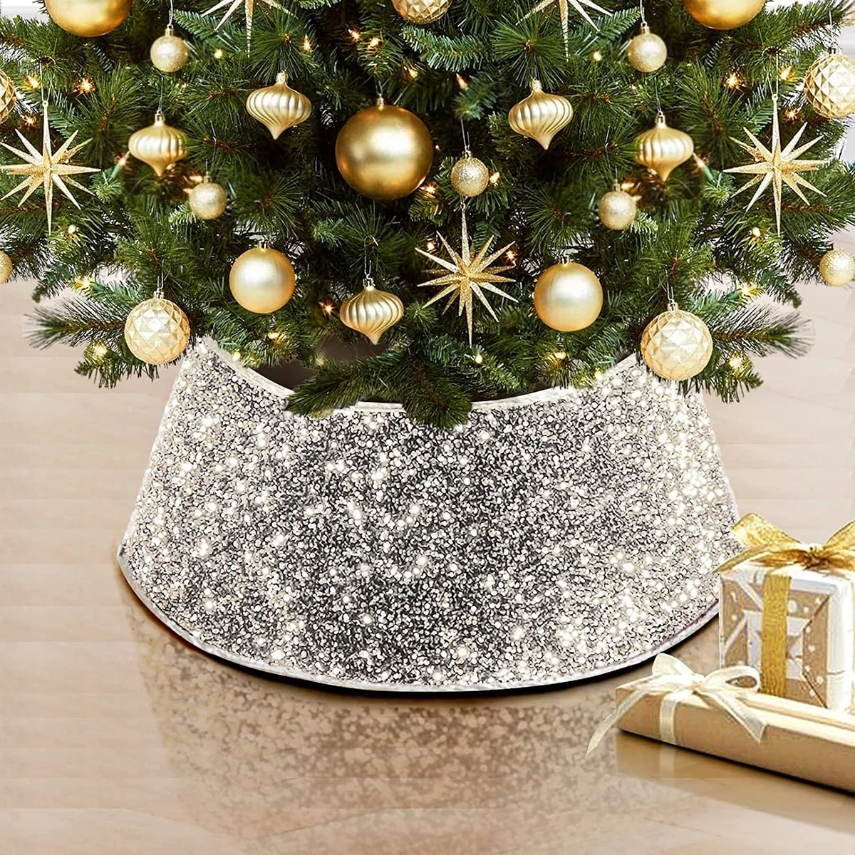 Silver sparkly top tree skirt