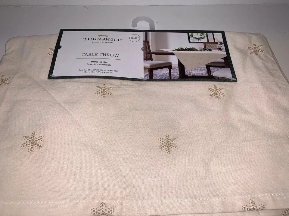 THRESHOLD 52"x52" Embroidered Snowflake Table Throw NATURAL Tassels NWT XMAS  - Image 2 of 4