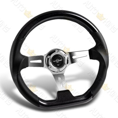 343MM 3'' DEEP DISH BLACK GALAXY WOOD GRIP LEATHER SPOKES STEERING WHEEL W-POWER