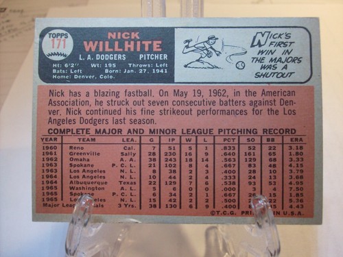 1966 Topps Baseball #171 - Nick Willhite - Los Angeles Dodgers 66-053 - Picture 2 of 2