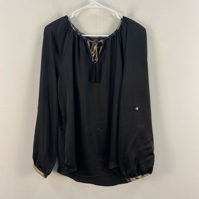 Dana Bushman Womens Large Top Shirt Blouse Long Sleeve Tie Neck Black 6120