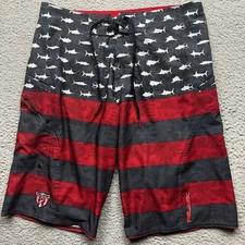 Pelagic Board Shorts Mens 32 Black Red Sharkskin American Flag Stripe Fishing