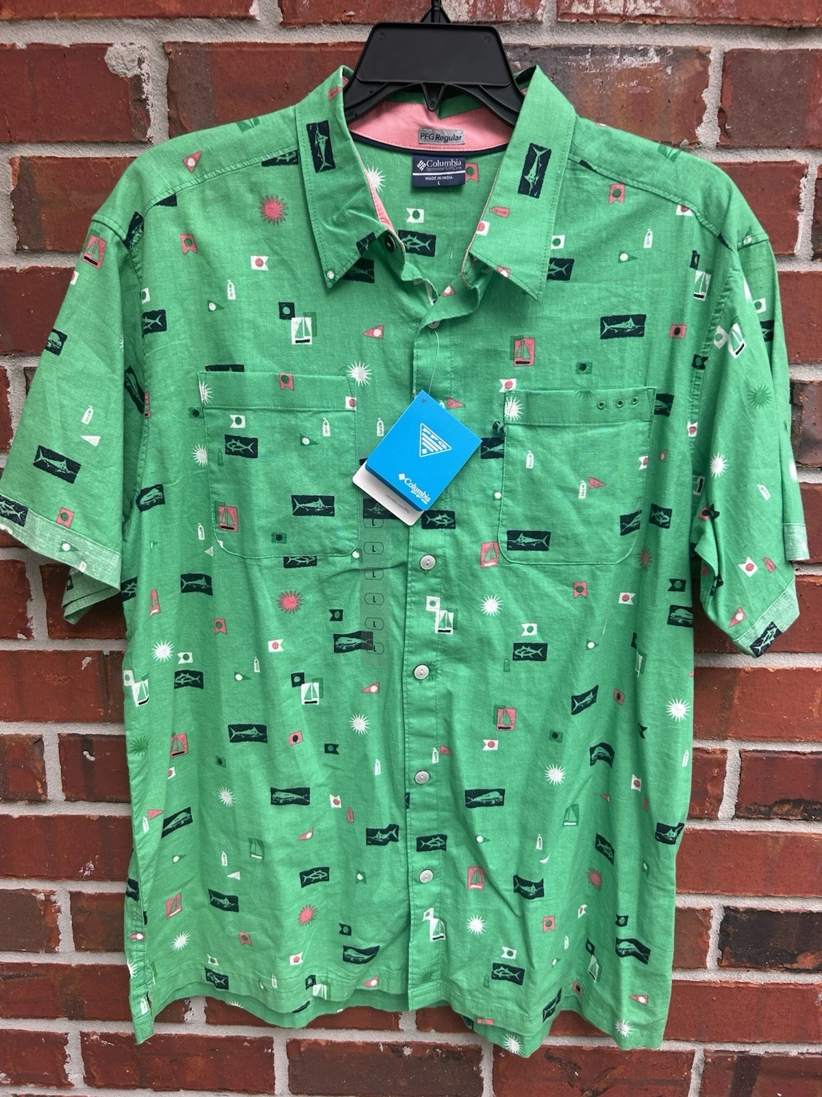 NWT Columbia PFG Reg Linen Blend Green Short Sleeve Fishing Nautical L Shirt E1