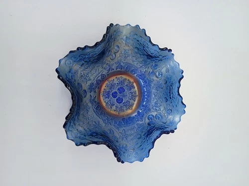Antique Fenton Cherry Chain Orange Tree Blue Carnival Glass 6" Ruffled Bowl