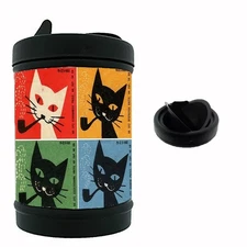 Vintage Smoking Cat Illustration Novelty Black Metal Car Ashtray/Mini Trashcan
