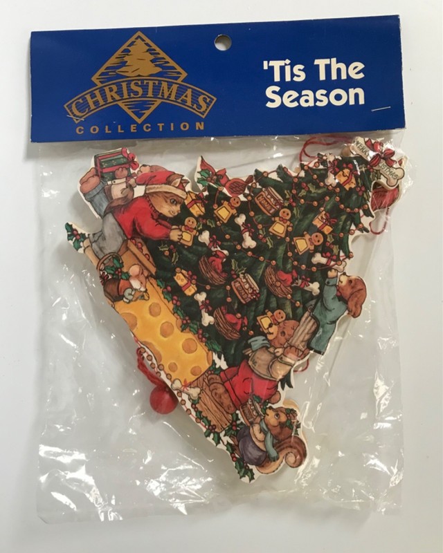 VINTAGE PULL STRING WOOD ORNAMENT RED BALL 1980's CHRISTMAS TREE NEW IN PACKAGE