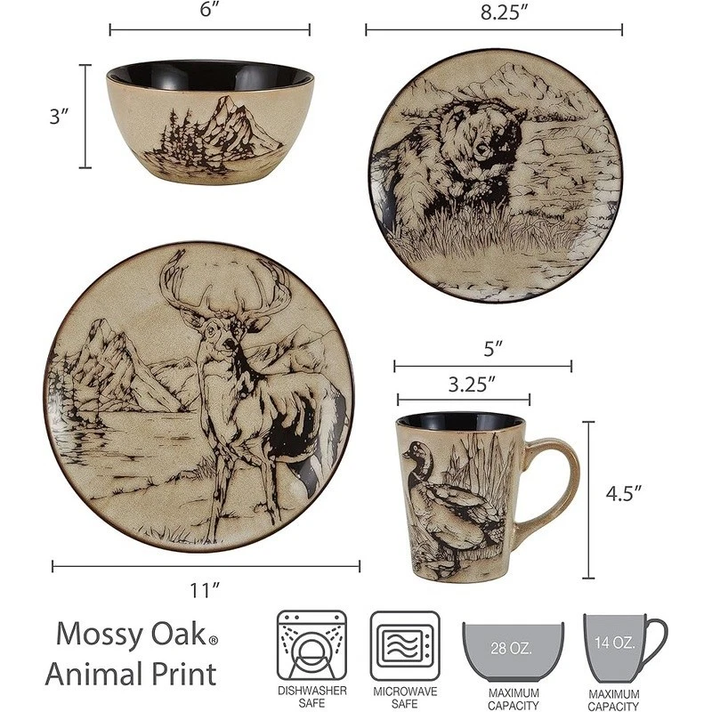Juego de vajilla estilo Lodge de 16 piezas platos con estampado de animales cuencos tazas comedor informal Foto 3 de 4