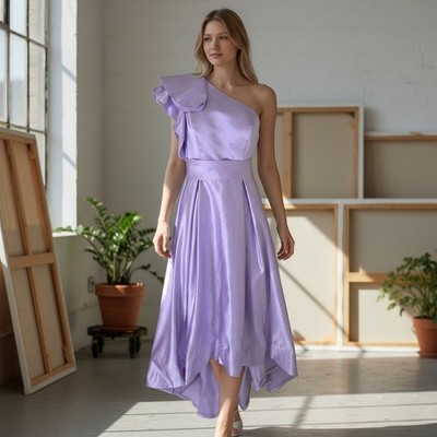 Lilac Satin Formal Maxi Dress 12 Hi Lo Hem One Shoulder Ruffle Lined Padded NWT