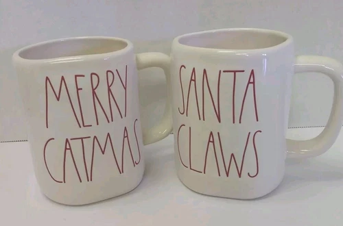 Rae Dunn Santa Claws & Merry Catmas Christmas Coffee Mugs Cups Set of 2 Cat Lady