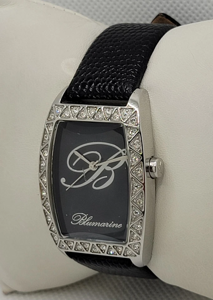Ladies Blumarine Fancy Silver Tone Paved Bezel Black Dial Leather Band Watch J3 - Image 2 of 4