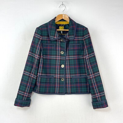 Joules Irma Jacket Womens 10 Green Blue Wool Twill Tartan Check Short  Blazer UK