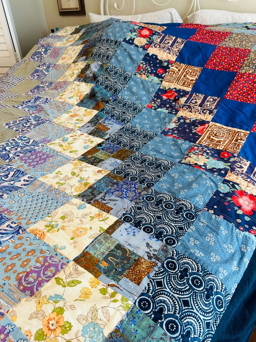 VINTAGE BIG 60'S TO 70'S HAND MADE PATCHWORK QUILT CORDUROY