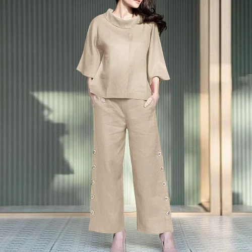 New Women 3/4 Sleeve Cotton Tops Wide Leg Elastic Waist Trousers Suit Outfits - Picture 5 of 18
