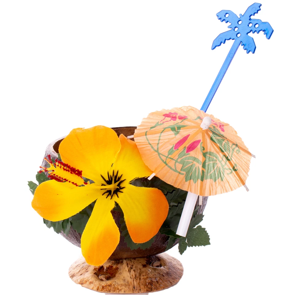 Taza de coco Luau, selección de sombrilla y agitador paquete de 4 utensilios de fiesta, marrón múltiple Foto 3 de 4