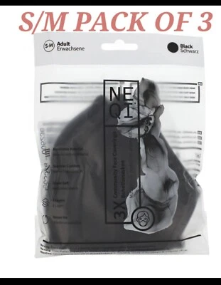 NEQI BLACK ADULT ERWACHSENE S/ M Pack Of 3 FACE MASK REUSABLE