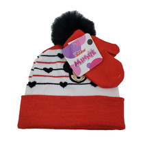 Disney Junior Girls Minnie Mouse Red White Warm Mittens Beanie Hat Set