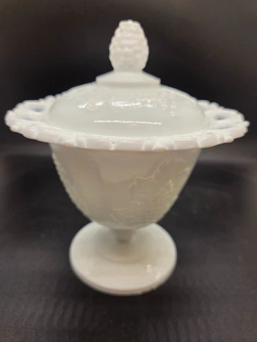 Vtg Indiana Milk Glass Harvest Grape Open Lace Pedestal Candy Dish With Lid