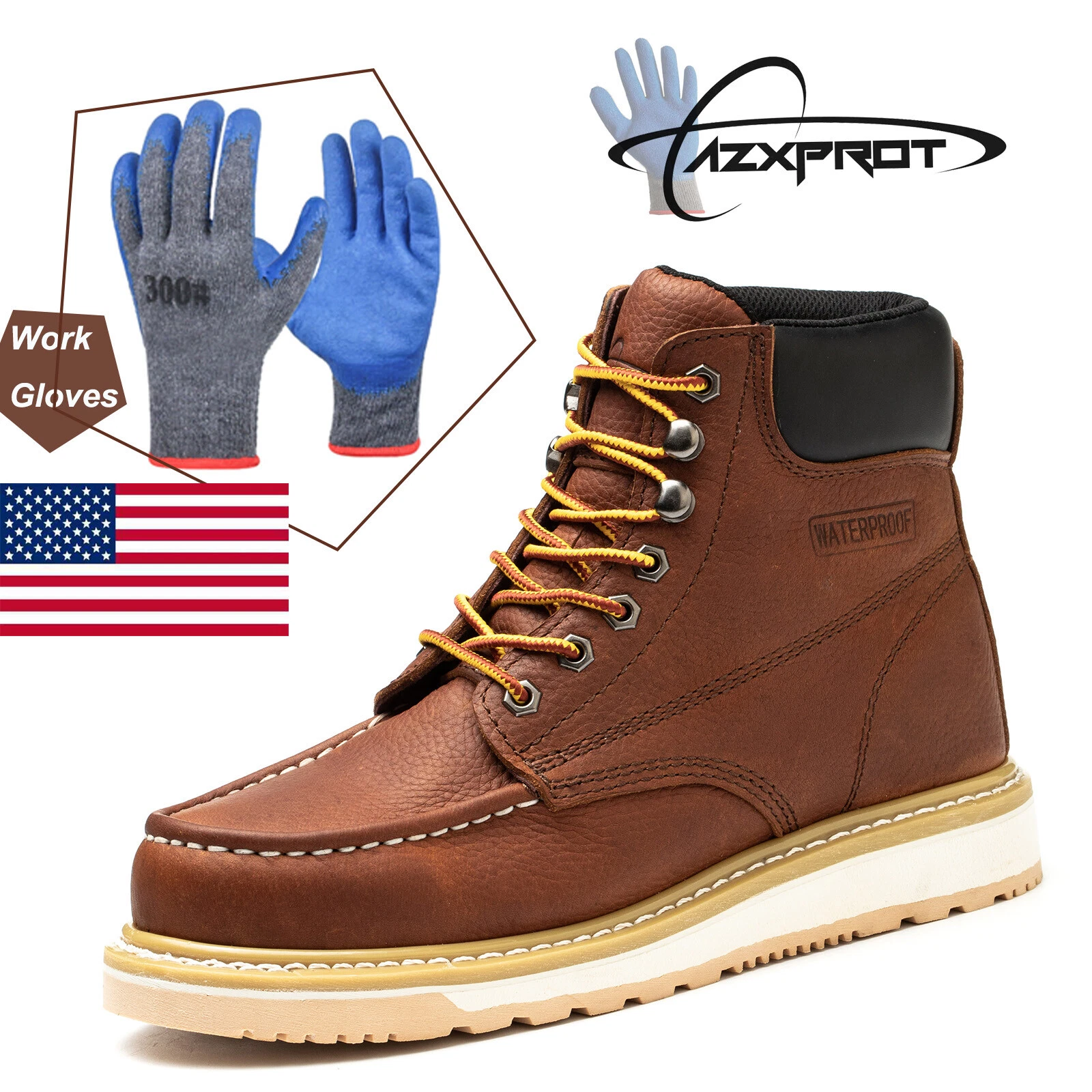 Waterproof Shoe Genuine Leather Men Red Soft Toe NON-SLIP Work Boots Safety Shoe