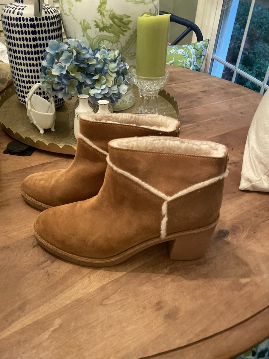 Ugg Womens 10 Kasen Brown Suede Leather Shearling Heels Boots EUC