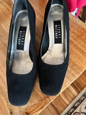 Stuart Weitzman Black Satin Fabric Pumps SZ 5 B Block Heel Almond Toe EUC L K