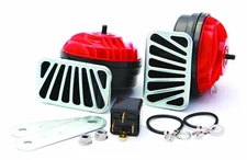 1 Complete El Grande Twin Electric Horns Kit FIAMM Red with Chrome Grills 128 dB