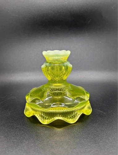 Fenton Topaz Opalescent Vaseline Glass Cactus Pattern Candle Holder HTF Vintage