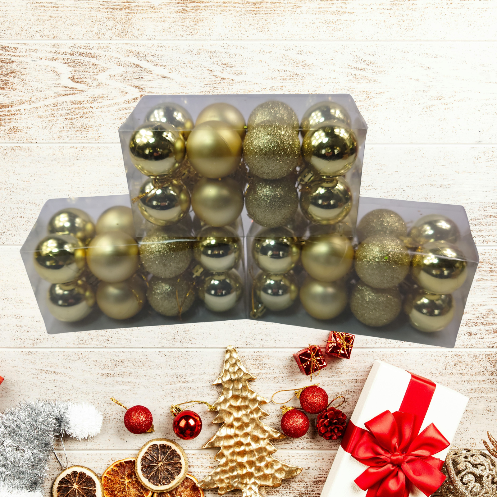 Gold Christmas Baubles Mixed Shatterproof Matt Shiny Glitter, 3 Sets of 16, 4cm