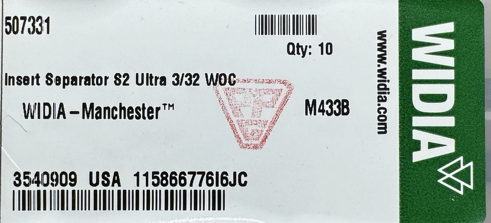 Widia Manchester 3540909 Inserto Separador S2 Ultra Corte Inserto 507331, 10 piezas Foto 2 de 4
