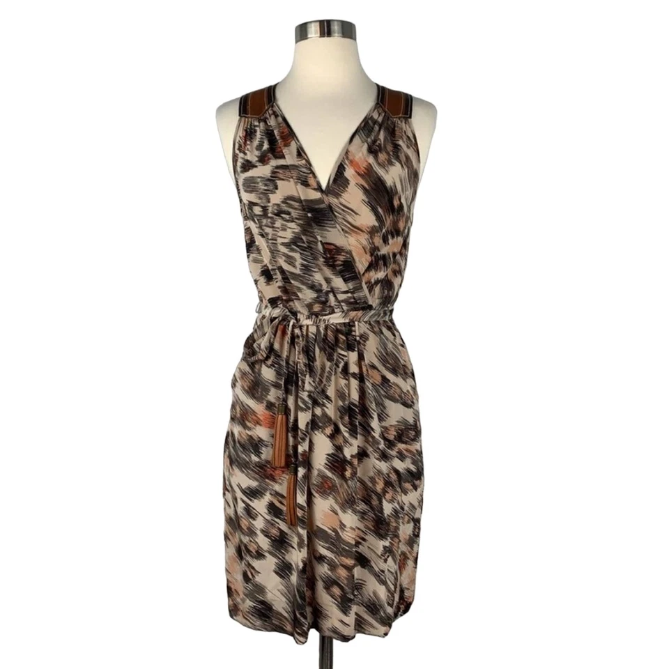 AKIKO REVOLVE Tan Cream Brown Silk Leather Tank Tassel Cheetah Printed Dress XS - Image 2 of 4