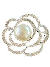 Diamente Faux Pearl Brooch Pin Silver Tone Rhinestone 3” Unsigned EUC