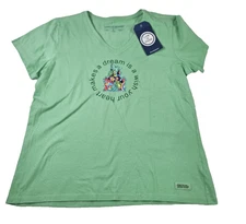 Life Is Good T Shirt Crusher Women L Green Graphic Heart Dream 100% Cotton NWT