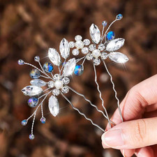Rhinestone Wedding Hair Pins Silver Glitter Flower Bridal Hair Pieces Blue Cryst