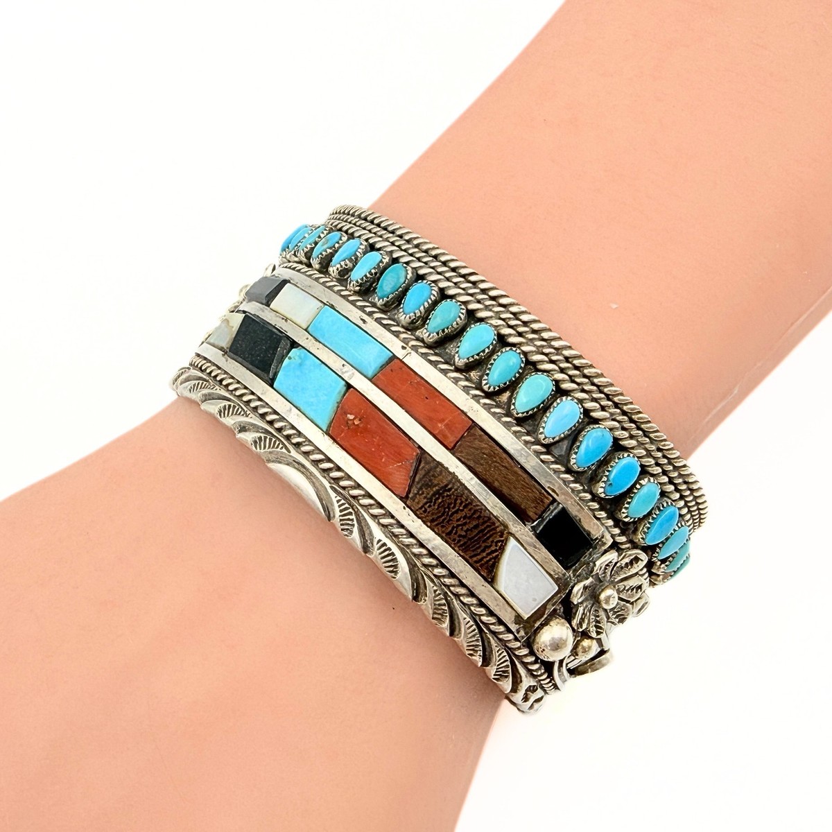 Leo Harvey Marked Navajo Sterling Silver Cobblestone Multi Stone