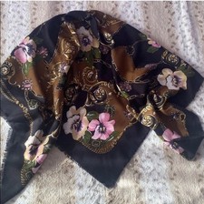 Vintage Baroque Style Women's Scarf 1980's Black Gold Floral Pattern 45" x 46"