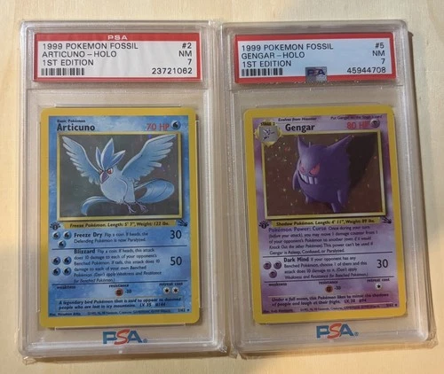 Pokemon Gengar Fossil 1st Edition Holo Rare #5 PSA 7 and PSA 7 Fossil Articuno