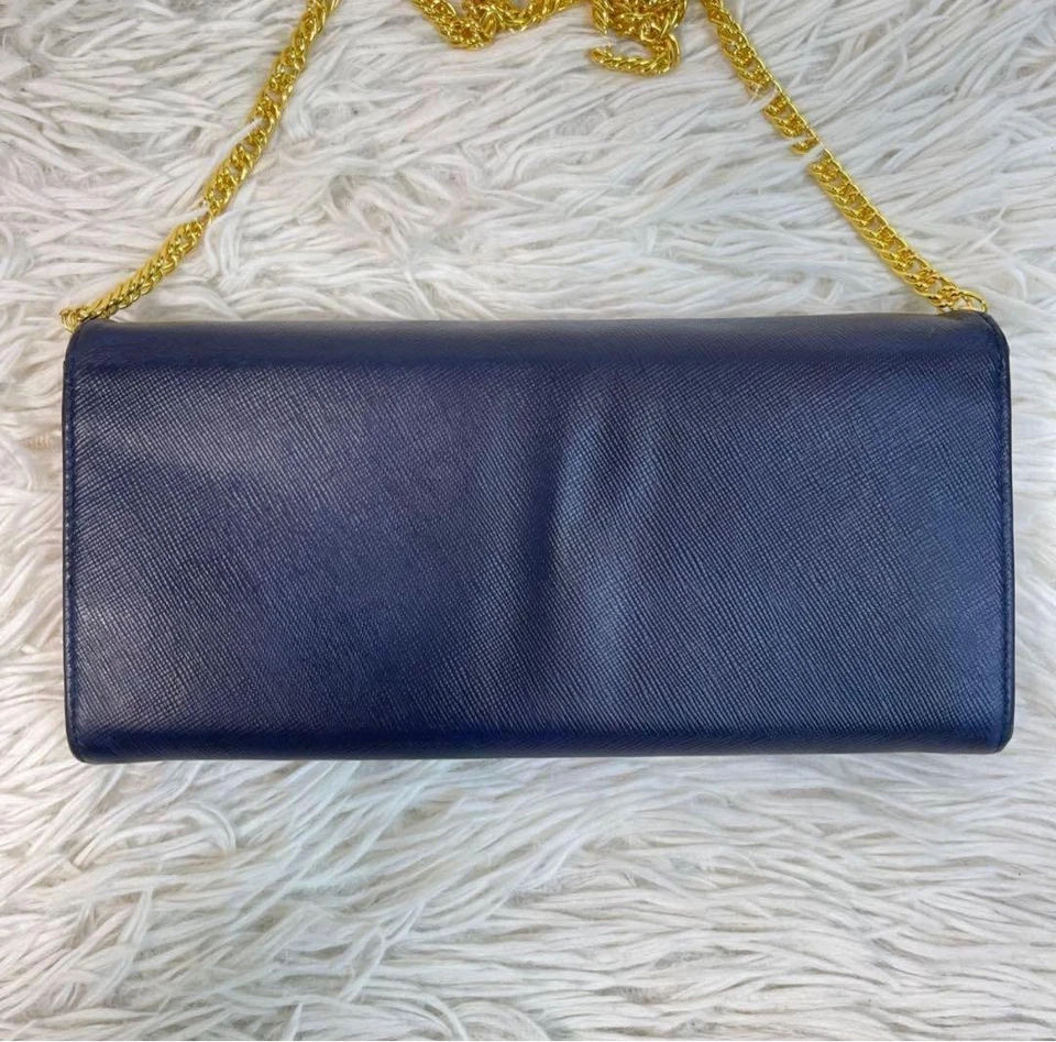 PRADA Logo Chain Shoulder Bag Long Wallet Saffiano Leather Navy Authentic - Image 2 of 4