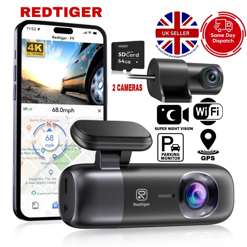 REDTIGER F9 Dash Cam 4K Front and Rear Dash Camera Wi-Fi GPS with Hardwire Kit