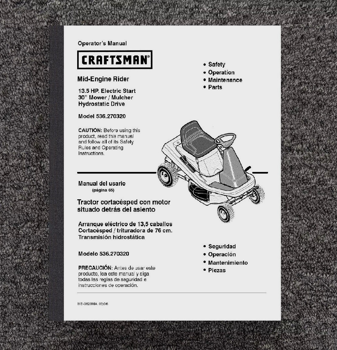 Operator Maintenance Manual Fits SEAR CRAFTSMAN Mid-Engine Riding