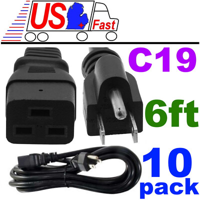Lot10 6ft C19~NEMA5-15P Server Power Cord/Cable/Wire 14awg 15amp 125VAC IEC60320